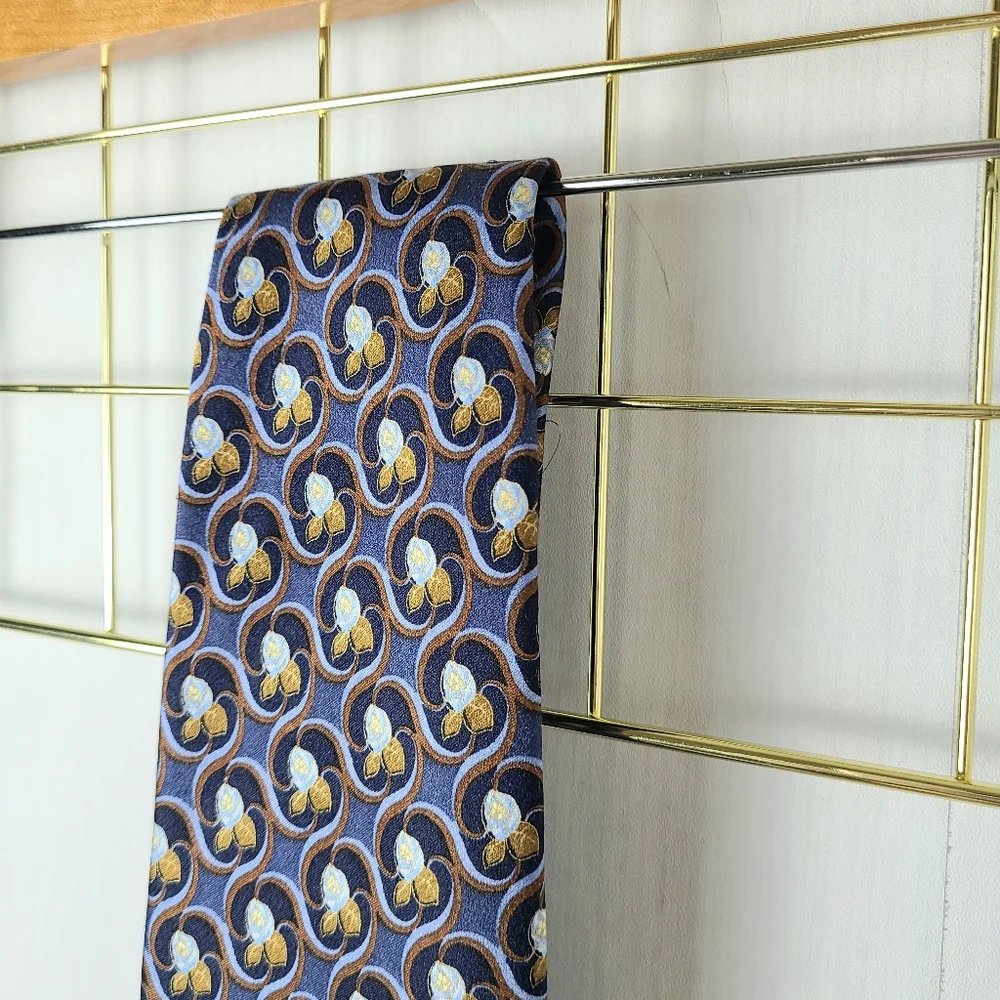Ermenegildo Zegna Blue Gold Rose Floral Print Silk Tie